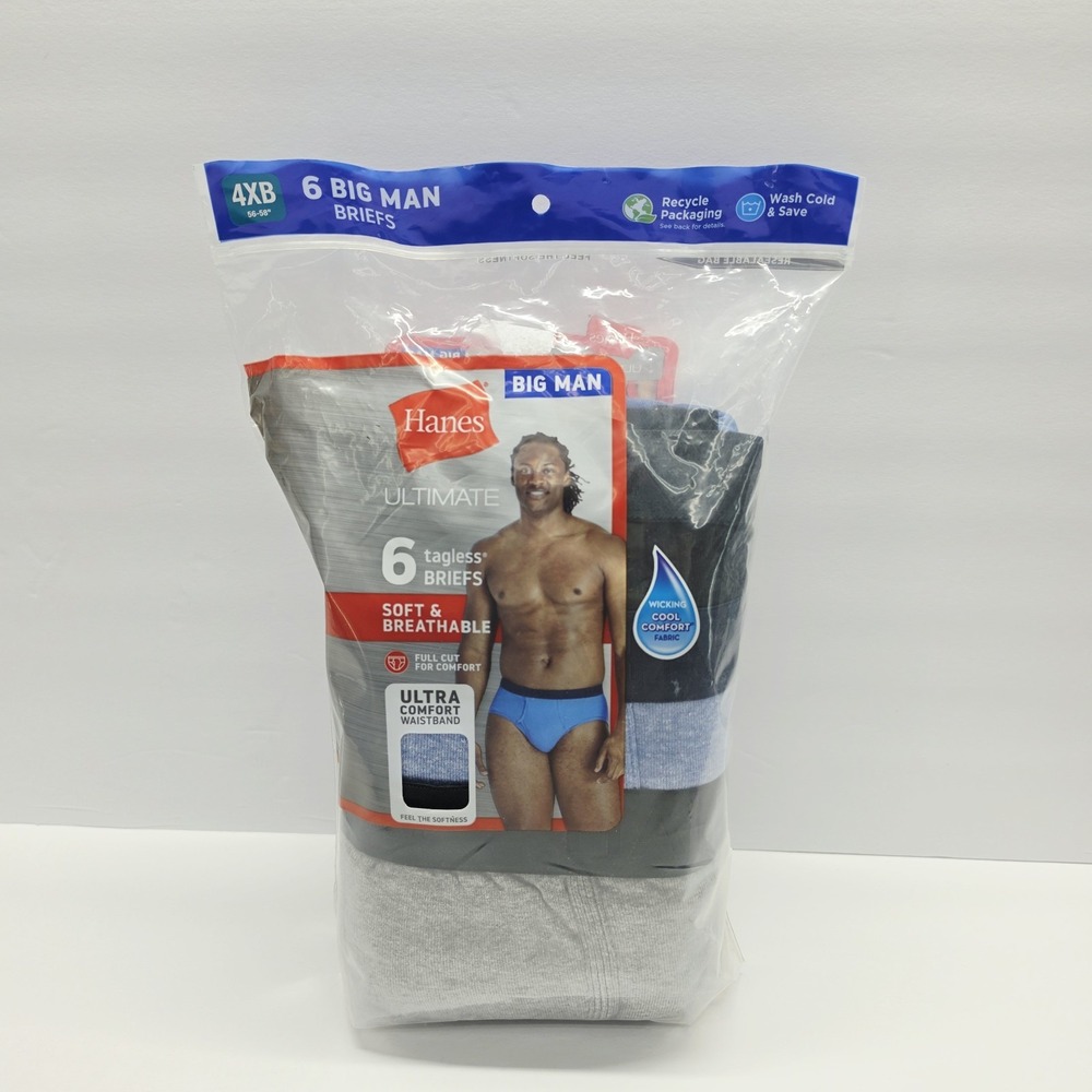 Men's Hanes Big Man 6 Pack 4XB 56-58 Tagless Briefs Underwear Ultimate NEW